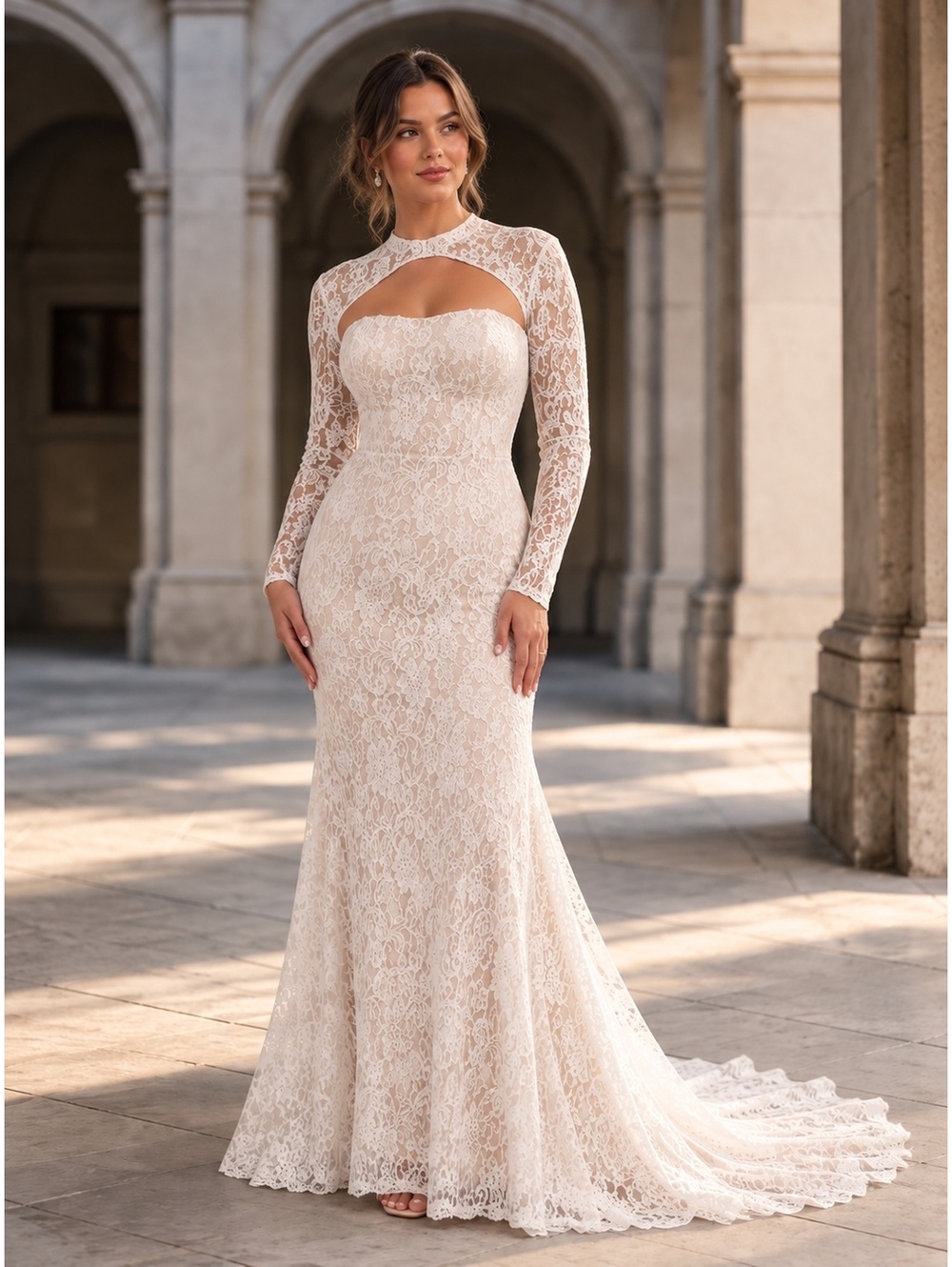 Lulus Neska White Beige Lace Maxi Dress Shrug Set Large Bridal